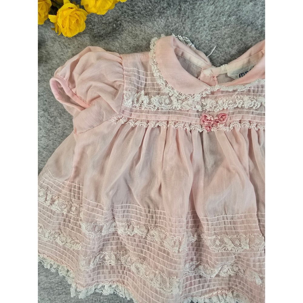 Vintage Nannette Pink Sheer Lace Pintuck Baby Dress Made in USA 1960s 0-6m - Picture 2 of 11